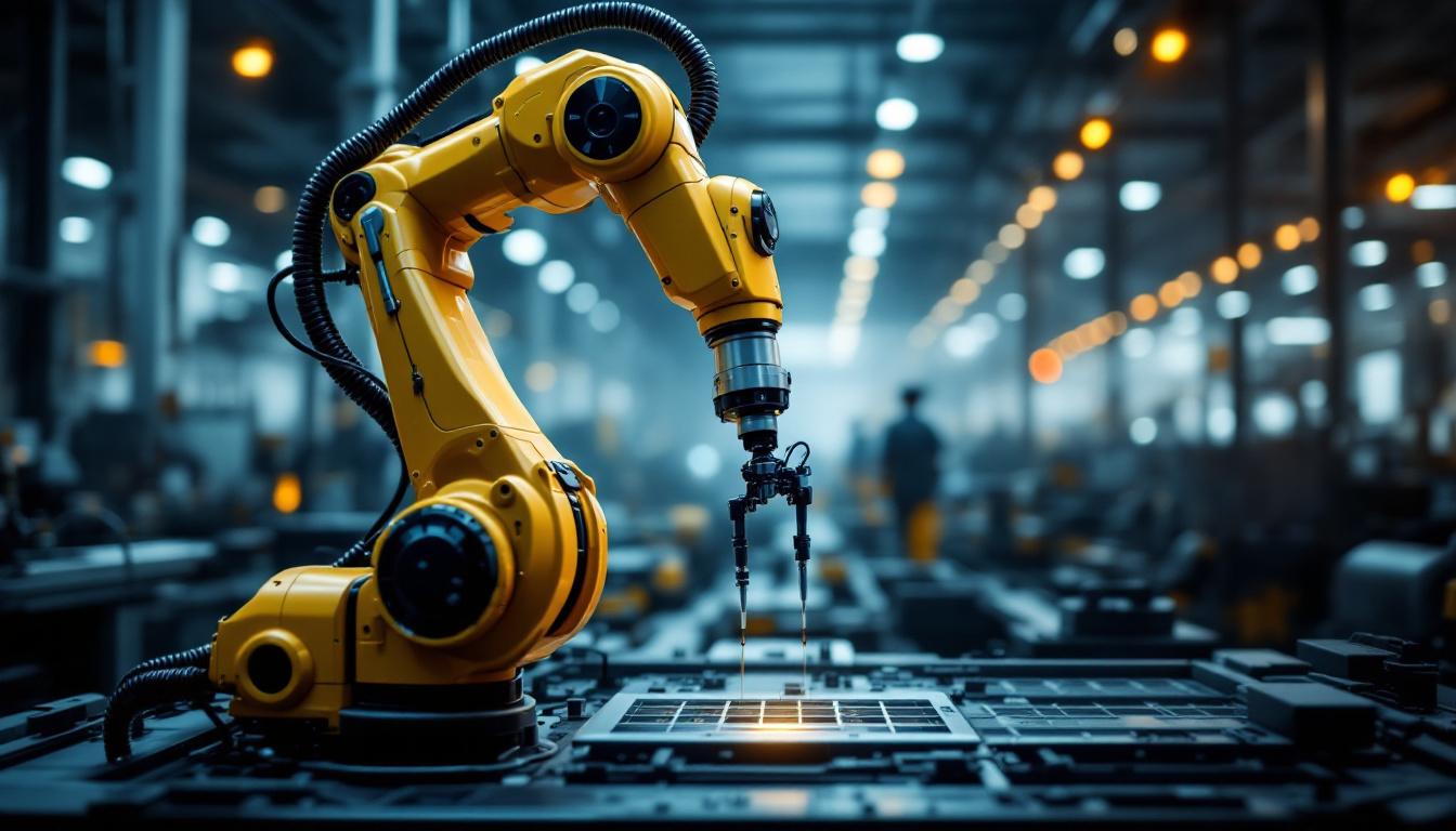 A photograph of capture a photograph of a modern industrial robotic arm in action