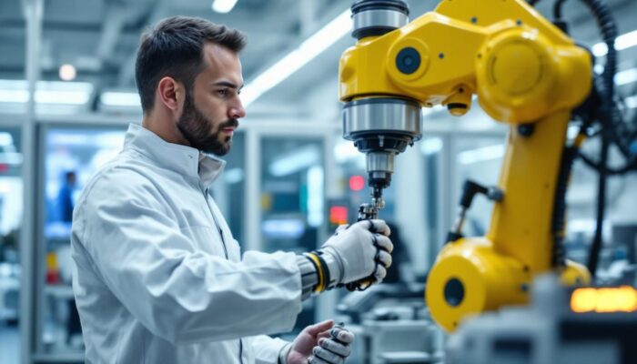 A photograph of a skilled technician operating an advanced industrial robotic arm in a clean