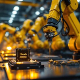 A photograph of capture a photograph of a dlux6 sensor alongside a variety of industrial robotic arms in action