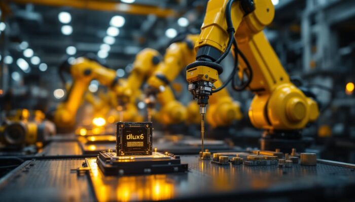 A photograph of capture a photograph of a dlux6 sensor alongside a variety of industrial robotic arms in action