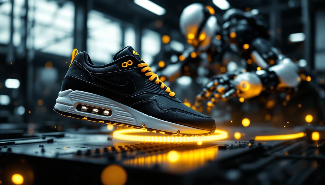 A photograph of a dynamic scene featuring a stylish air max sneaker prominently displayed alongside a sleek industrial robot in action