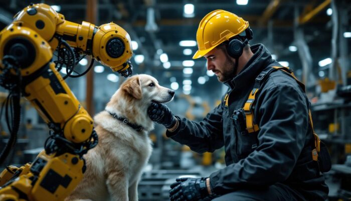 A photograph of a skilled technician demonstrating the integration of canine safety systems with industrial robotics in a modern workspace