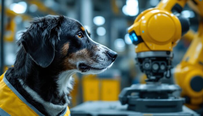 A photograph of a service dog interacting with an industrial robot in a dynamic setting