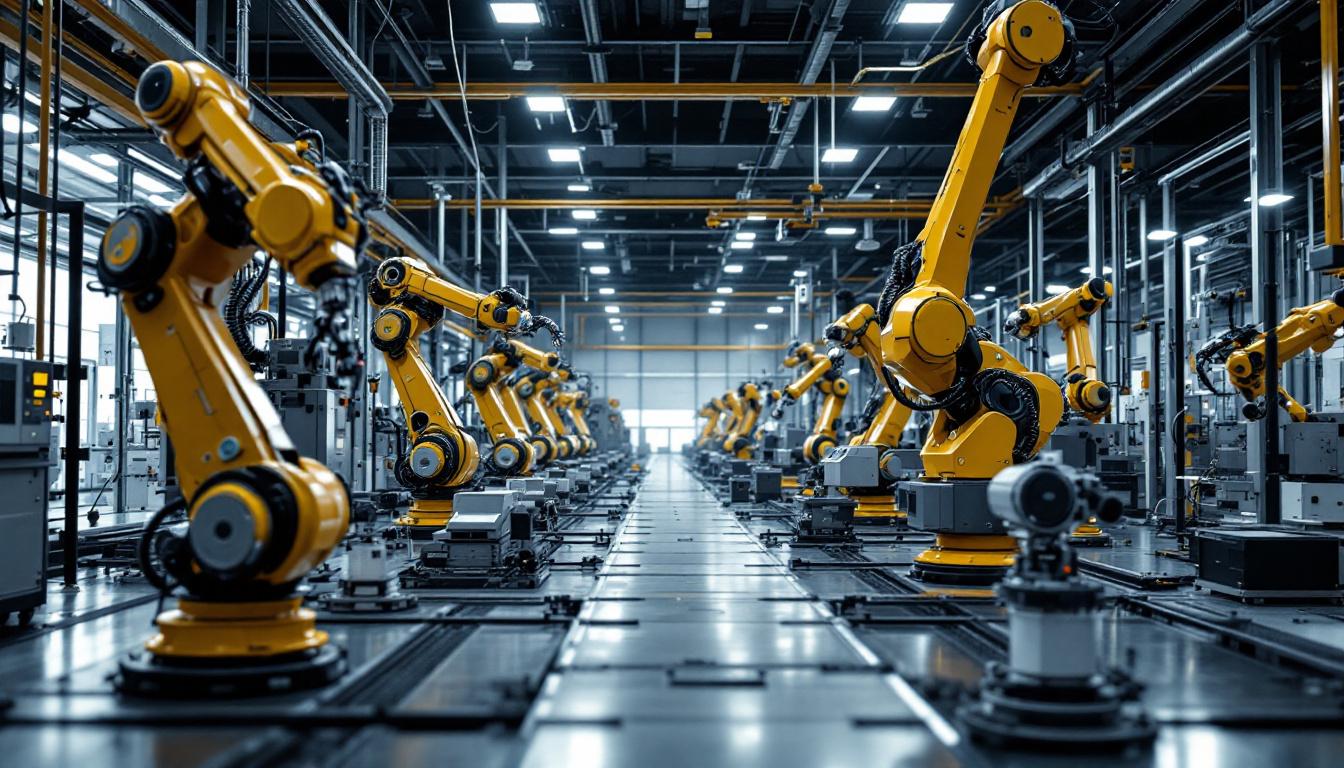 A photograph of a dynamic industrial setting featuring a variety of advanced robots in action