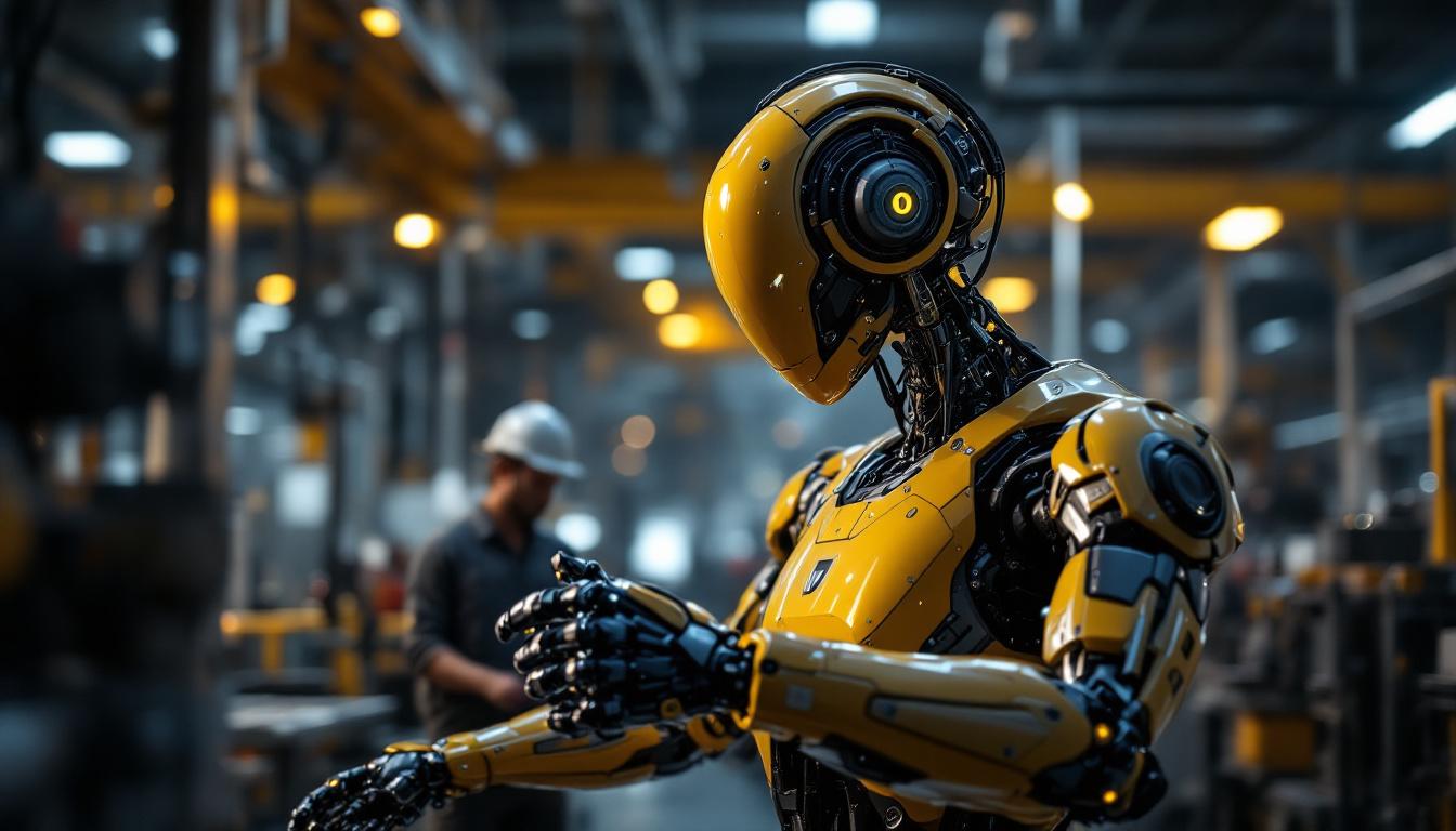 A photograph of a sleek industrial robot in action within a manufacturing environment