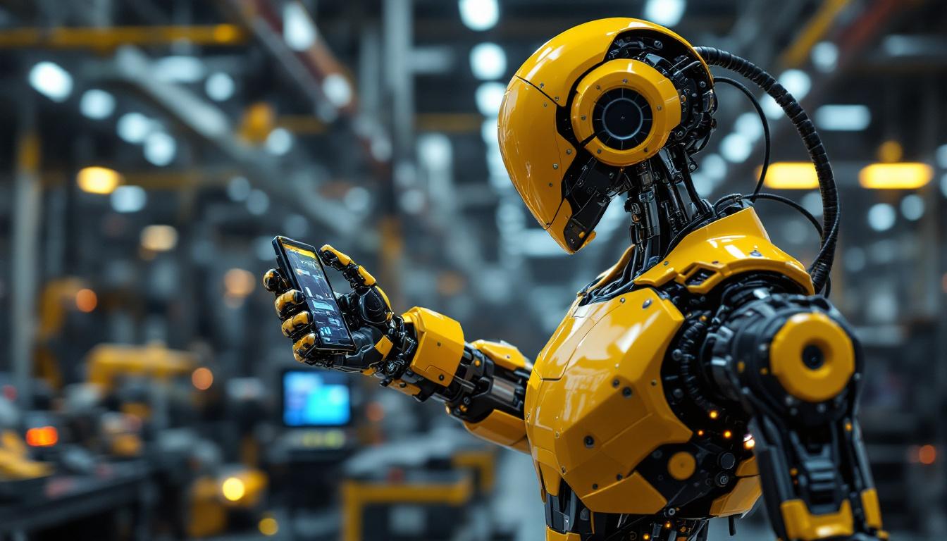 A photograph of a sleek industrial robot in action within a high-tech manufacturing environment