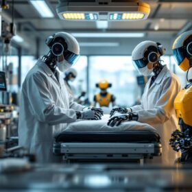 A photograph of a dynamic healthcare setting where industrial robots are actively assisting medical professionals