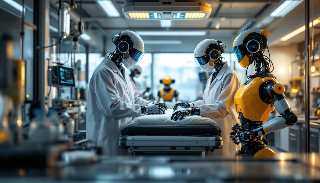 A photograph of a dynamic healthcare setting where industrial robots are actively assisting medical professionals