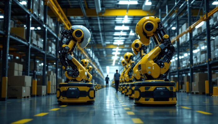 A photograph of a modern warehouse setting featuring industrial robots in action