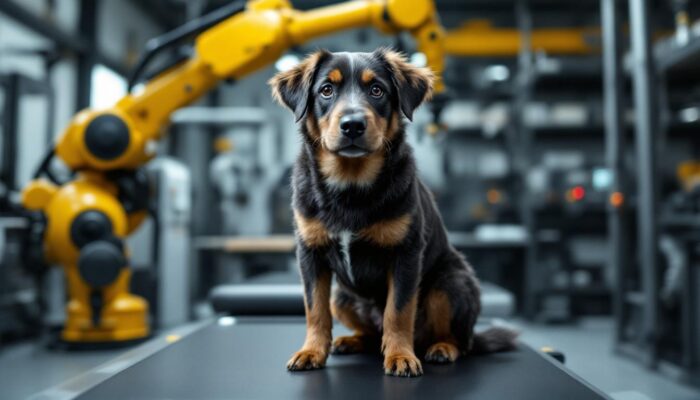 A photograph of a dog standing on a weight machine in a veterinary setting