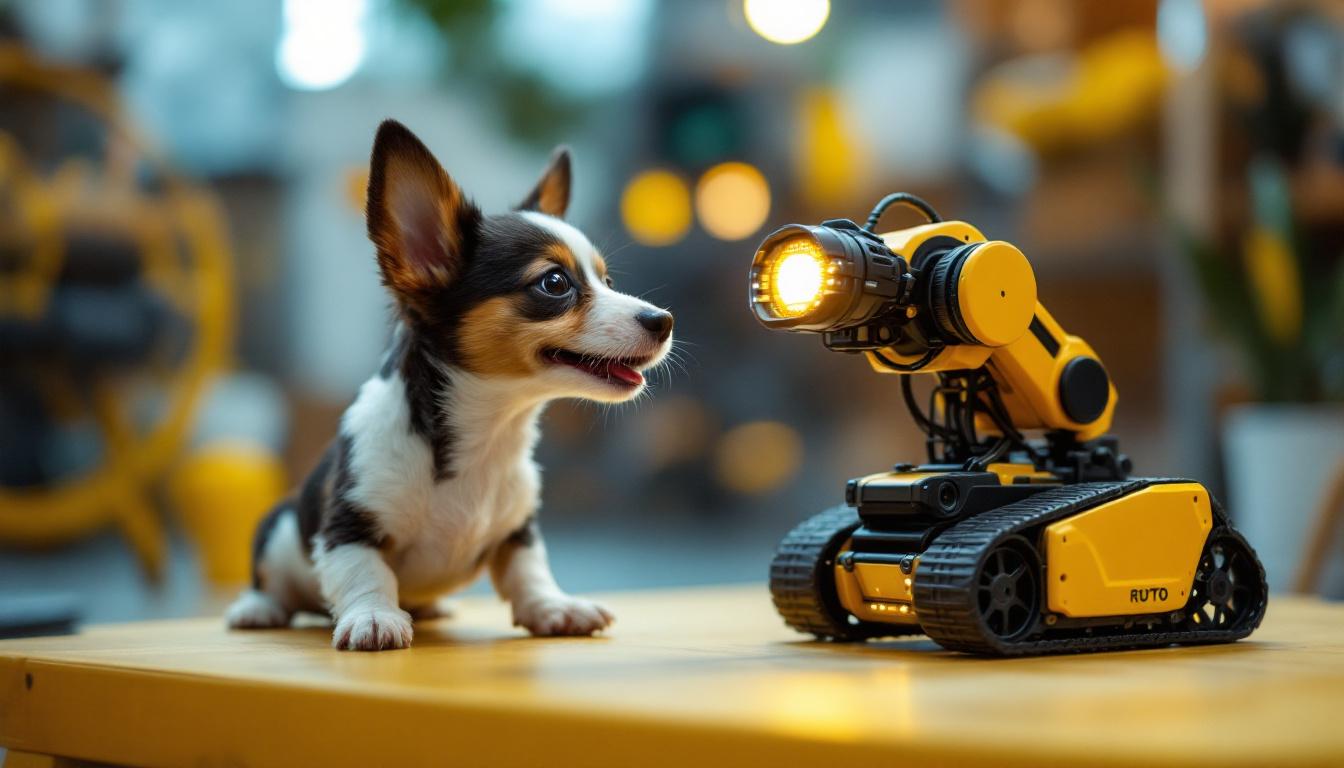 A photograph of capture a photograph of a playful mini doxie interacting with a small-scale industrial robot in a bright