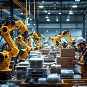A photograph of a modern warehouse environment showcasing industrial robots in action