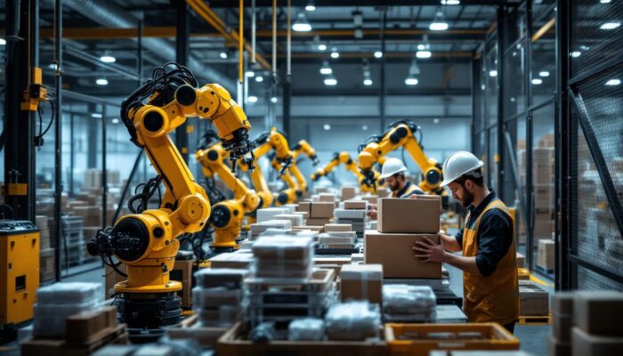 A photograph of a modern warehouse environment showcasing industrial robots in action