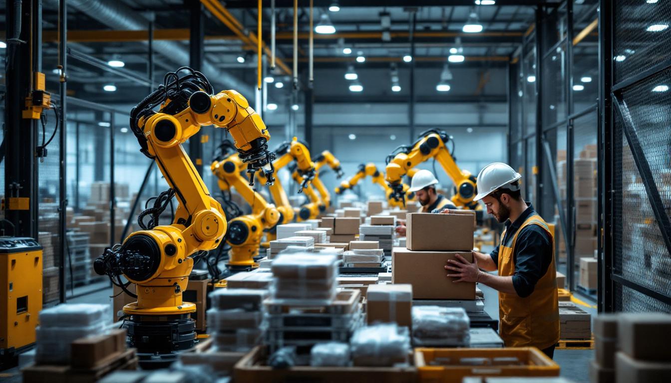 A photograph of a modern warehouse environment showcasing industrial robots in action