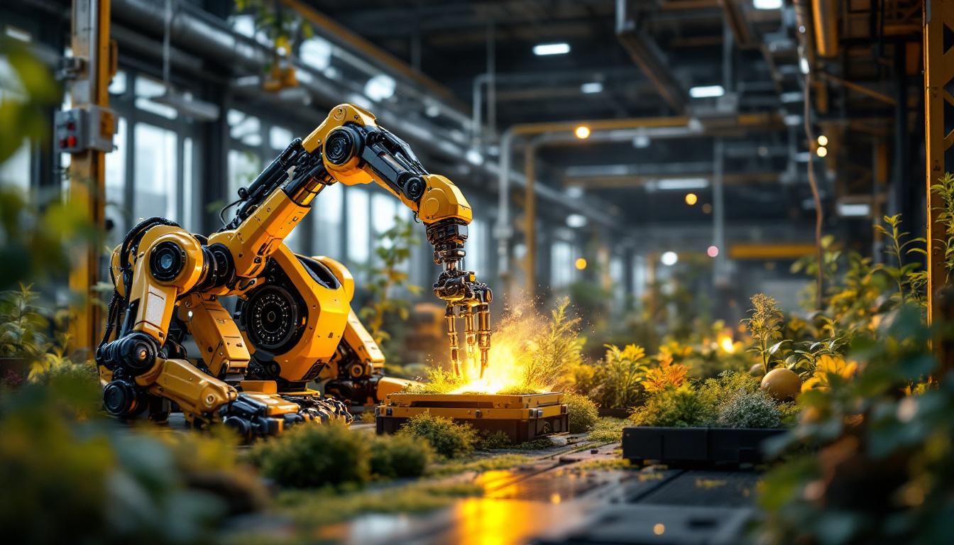 A photograph of a dynamic industrial setting where advanced robotics and bio-inspired technology are seamlessly integrated