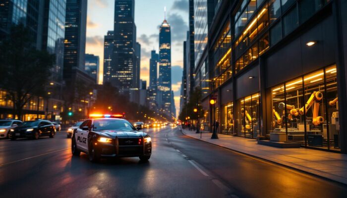A photograph of a bustling chicago street scene at dusk