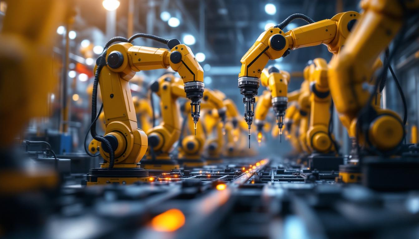 A photograph of a dynamic industrial setting showcasing a fleet of advanced robotic arms working in harmony