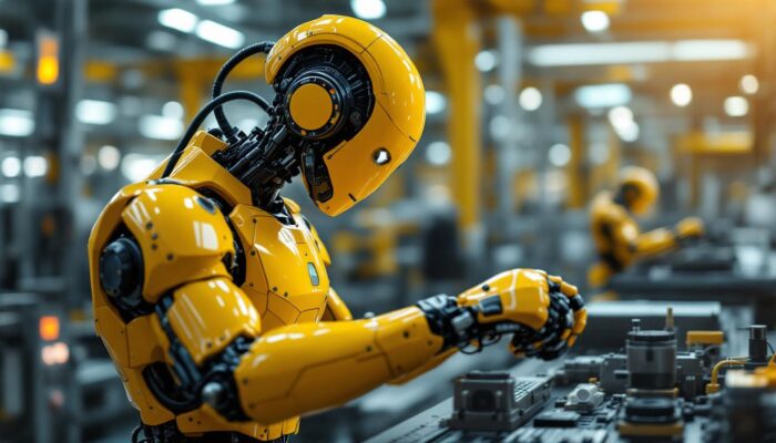 A photograph of a modern industrial robot in action within a manufacturing environment