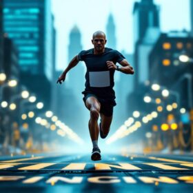 A photograph of a determined runner crossing the finish line of a marathon