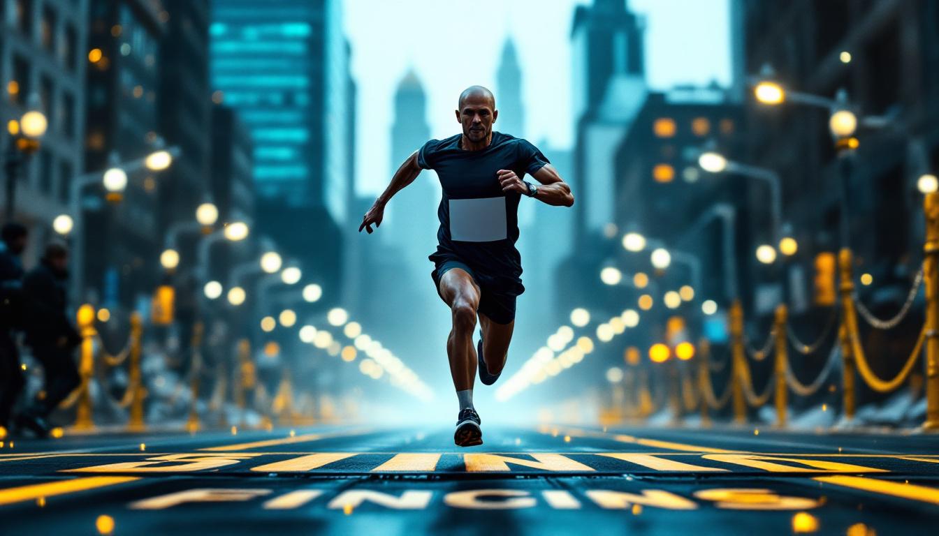 A photograph of a determined runner crossing the finish line of a marathon