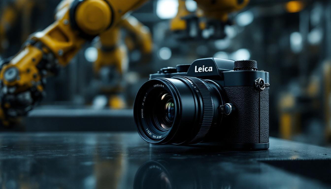 A photograph of capture a photograph of a leica camera prominently displayed alongside an industrial robotic arm in a dynamic setting