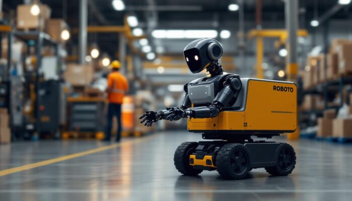 A photograph of a delivery robot navigating through an industrial setting