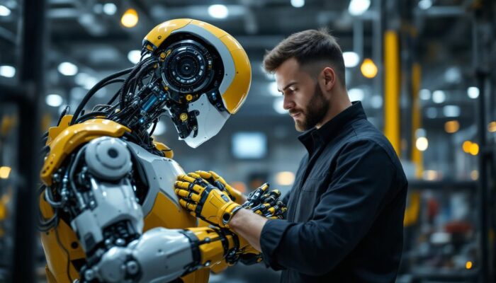 A photograph of a robotics engineer working hands-on with an industrial robot in a modern manufacturing setting