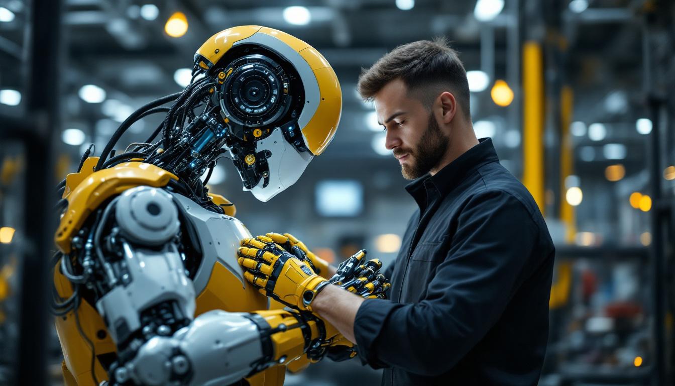 A photograph of a robotics engineer working hands-on with an industrial robot in a modern manufacturing setting
