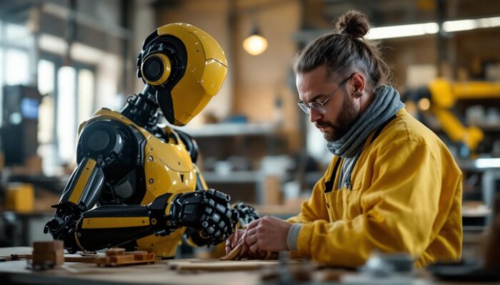A photograph of a skilled craftsman delicately shaping a wooden cane alongside a sleek industrial robot in a well-lit workshop