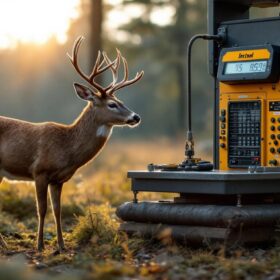A photograph of a deer being weighed on a robust industrial scale in a natural setting
