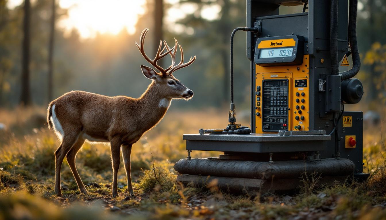 A photograph of a deer being weighed on a robust industrial scale in a natural setting