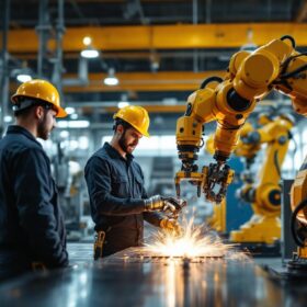 A photograph of a dynamic industrial setting featuring wildcat electric's team working alongside advanced industrial robots