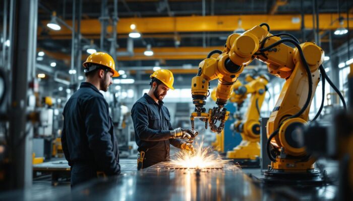 A photograph of a dynamic industrial setting featuring wildcat electric's team working alongside advanced industrial robots