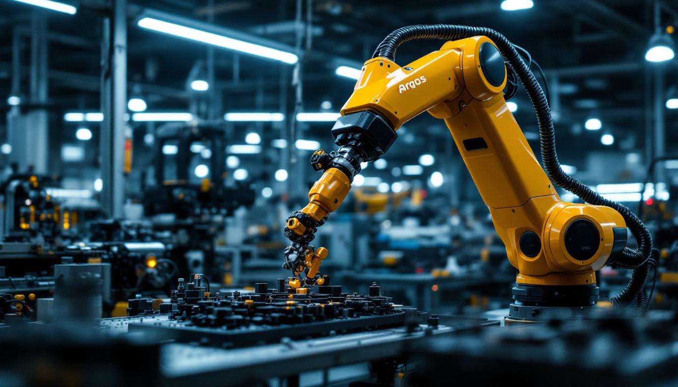 A photograph of a sleek argos robotic arm in action within a modern industrial setting