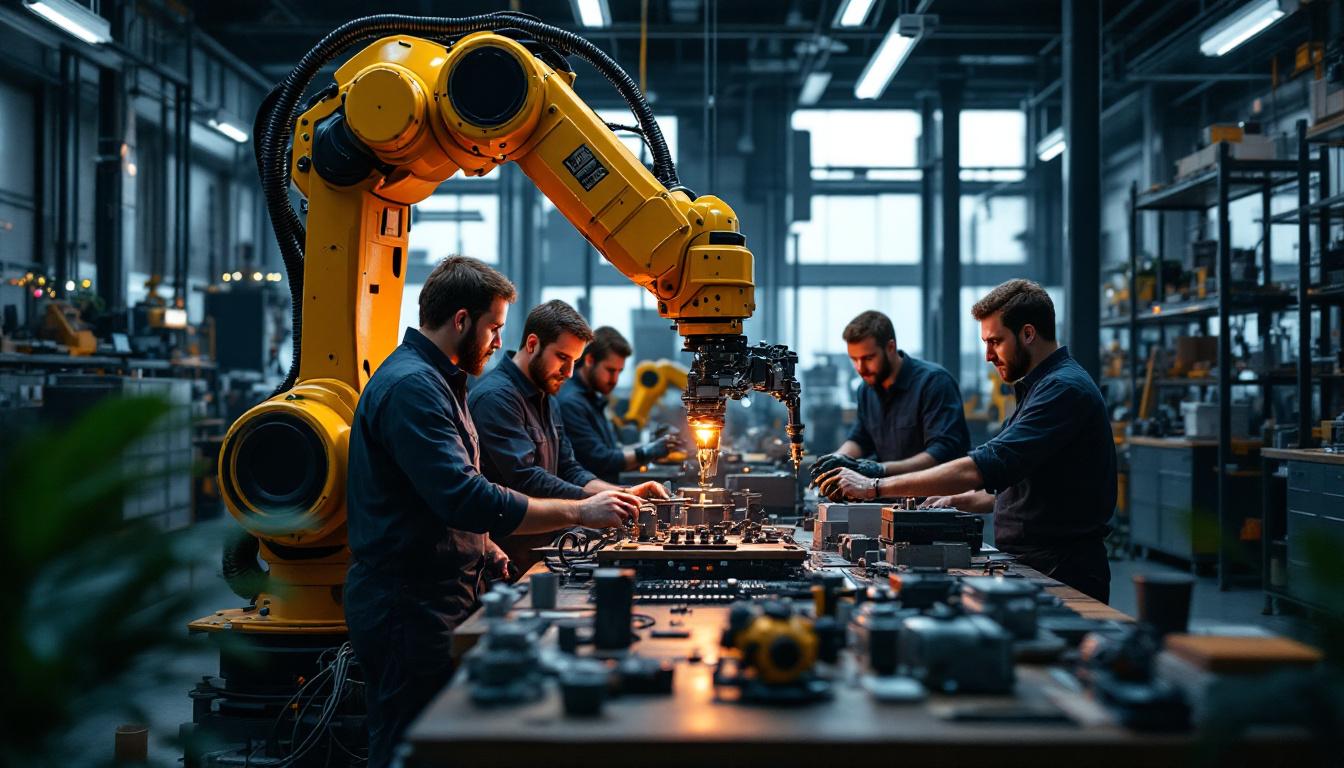 A photograph of a dynamic industrial robotics workspace in boston