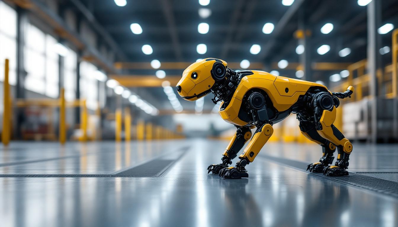 A photograph of a robotic watchdog patrolling a modern industrial setting