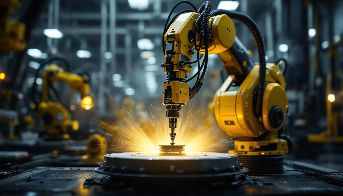 A photograph of a dynamic scene showcasing a state-of-the-art industrial robot performing a precise stretching operation in a modern manufacturing environment