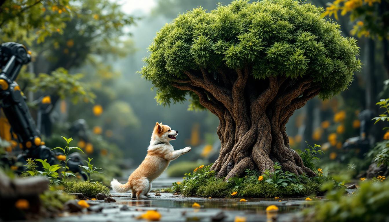 A photograph of a playful scene featuring a dog interacting with a creatively designed tree structure