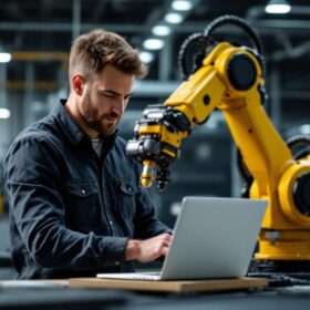 A photograph of a minnesota-based software engineer collaborating with a robotic arm in a modern industrial setting