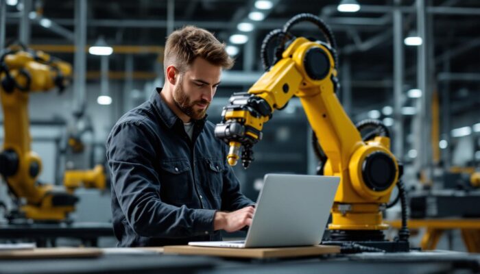 A photograph of a minnesota-based software engineer collaborating with a robotic arm in a modern industrial setting