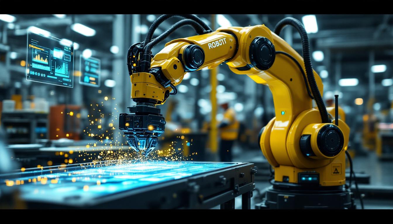 A photograph of capture a photograph of a sleek industrial robotic arm in action within a modern manufacturing facility