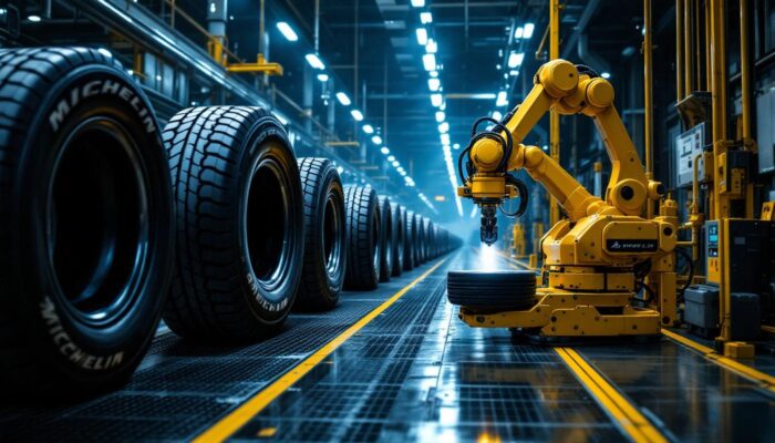 A photograph of a dynamic industrial setting showcasing a fleet of michelin tires alongside advanced robotic systems in action