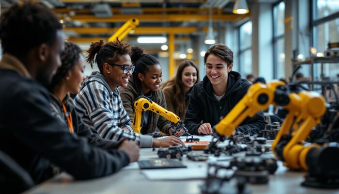 A photograph of capture a photograph of a diverse group of high school students engaging in hands-on activities with industrial robots