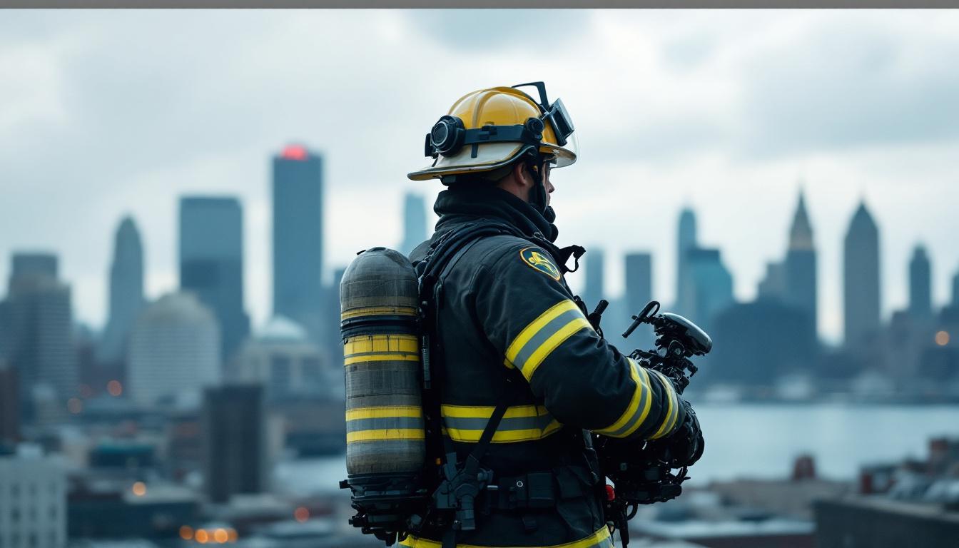 A photograph of a dynamic scene showcasing a firefighter in action against the backdrop of boston's skyline