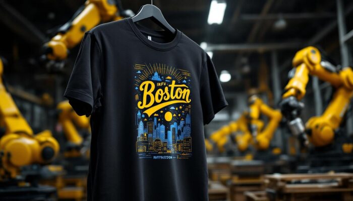 A photograph of a vibrant boston-themed tee shirt displayed prominently in an industrial setting