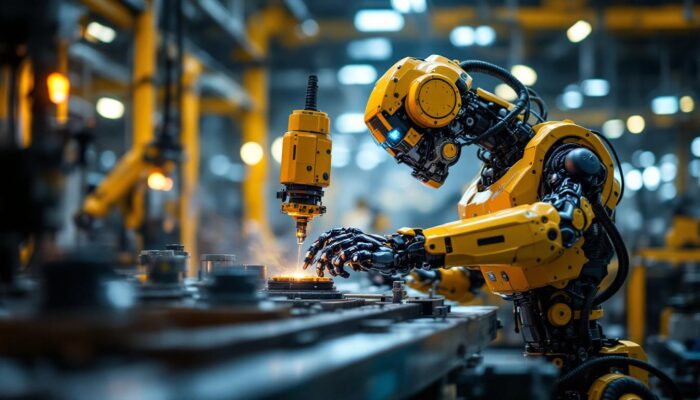 A photograph of a dynamic industrial robot in action