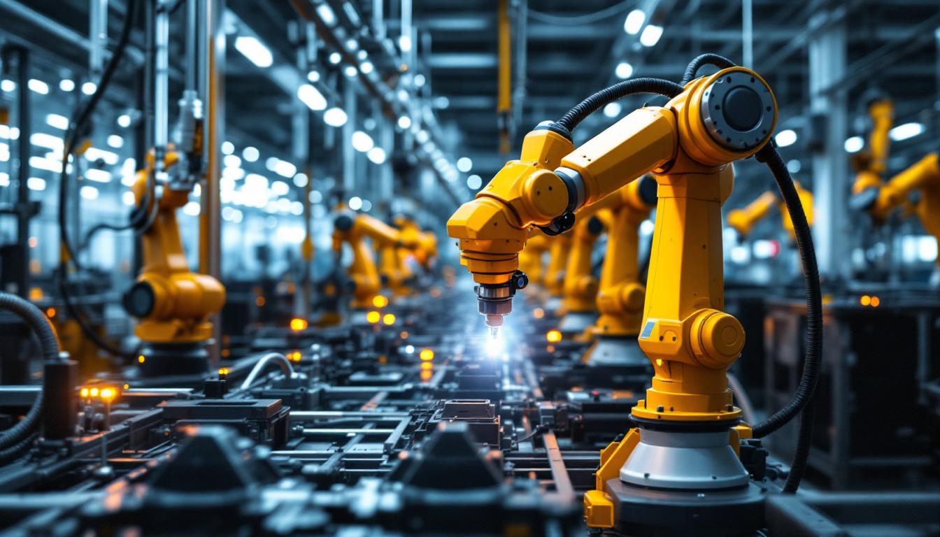 A photograph of a dynamic industrial setting featuring a boston scientific facility with advanced robotic systems in action