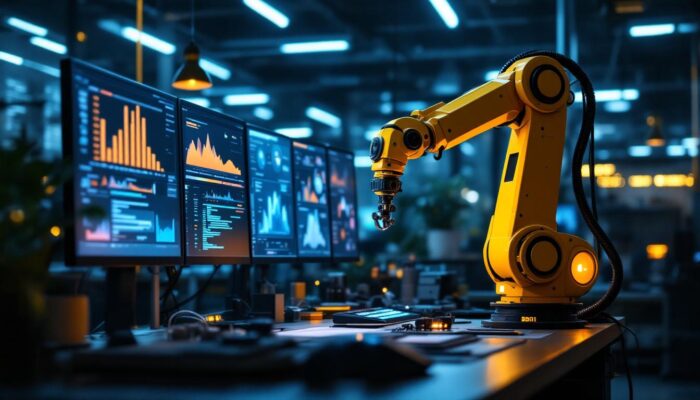 A photograph of a modern industrial workspace featuring a robotic arm in action