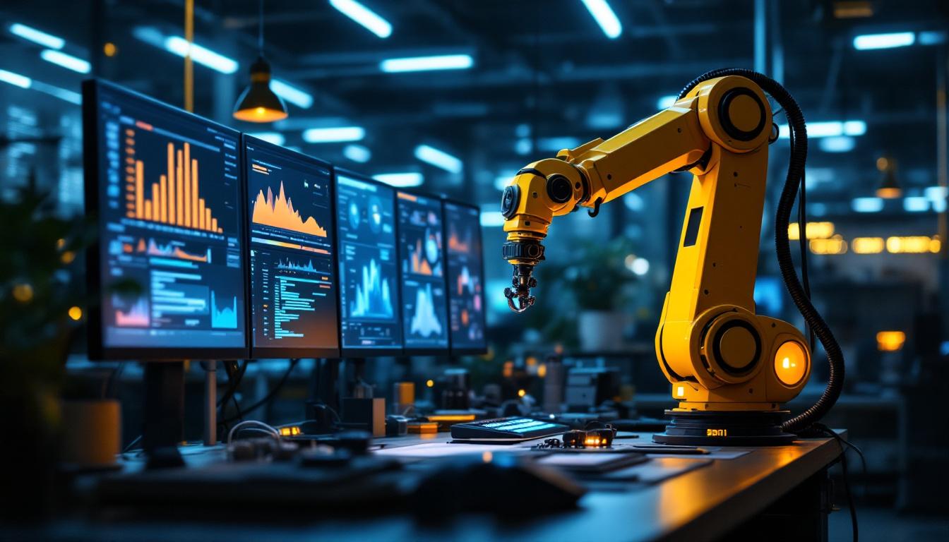 A photograph of a modern industrial workspace featuring a robotic arm in action