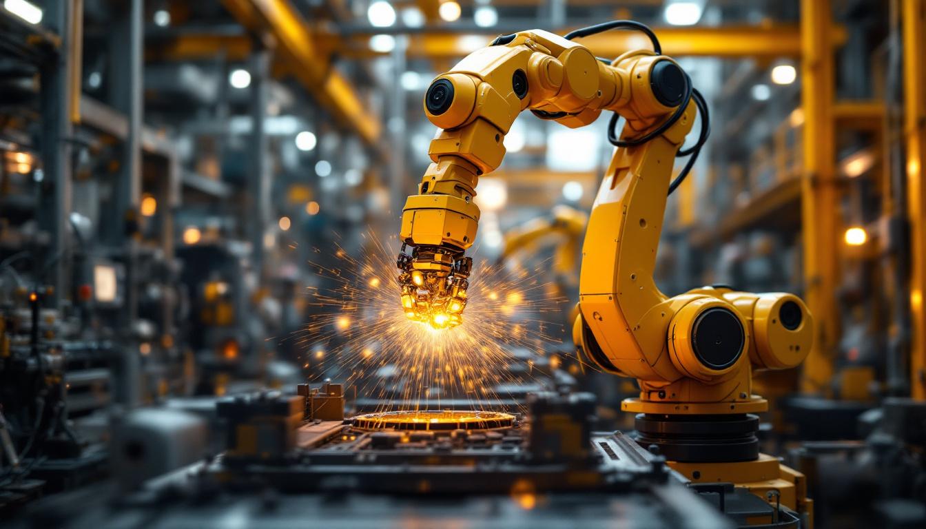 A photograph of a robotic arm in action within an industrial setting